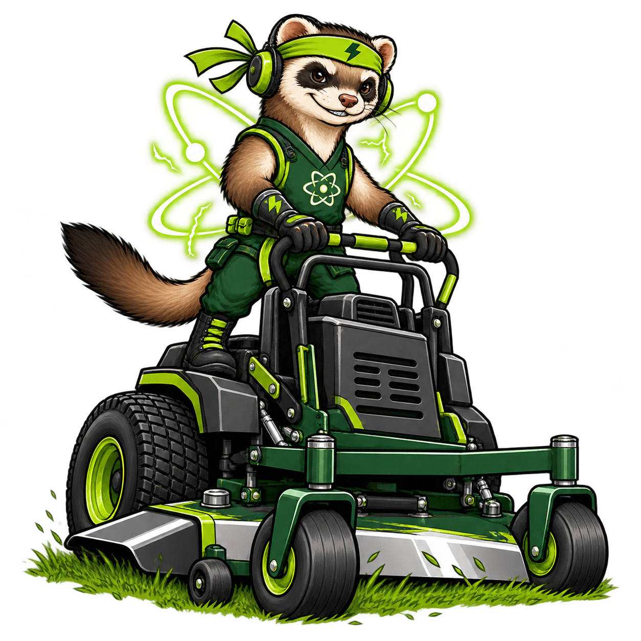 Blade, our lawn-care mascot, on a stand-on zero-turn mower