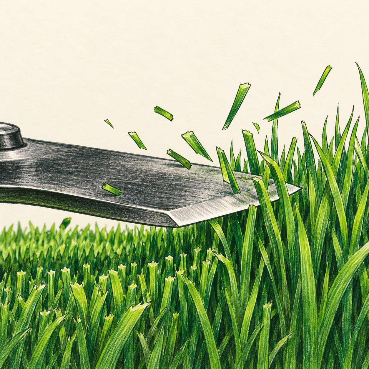Close-up drawing of a mower blade clipping the tops of green grass blades