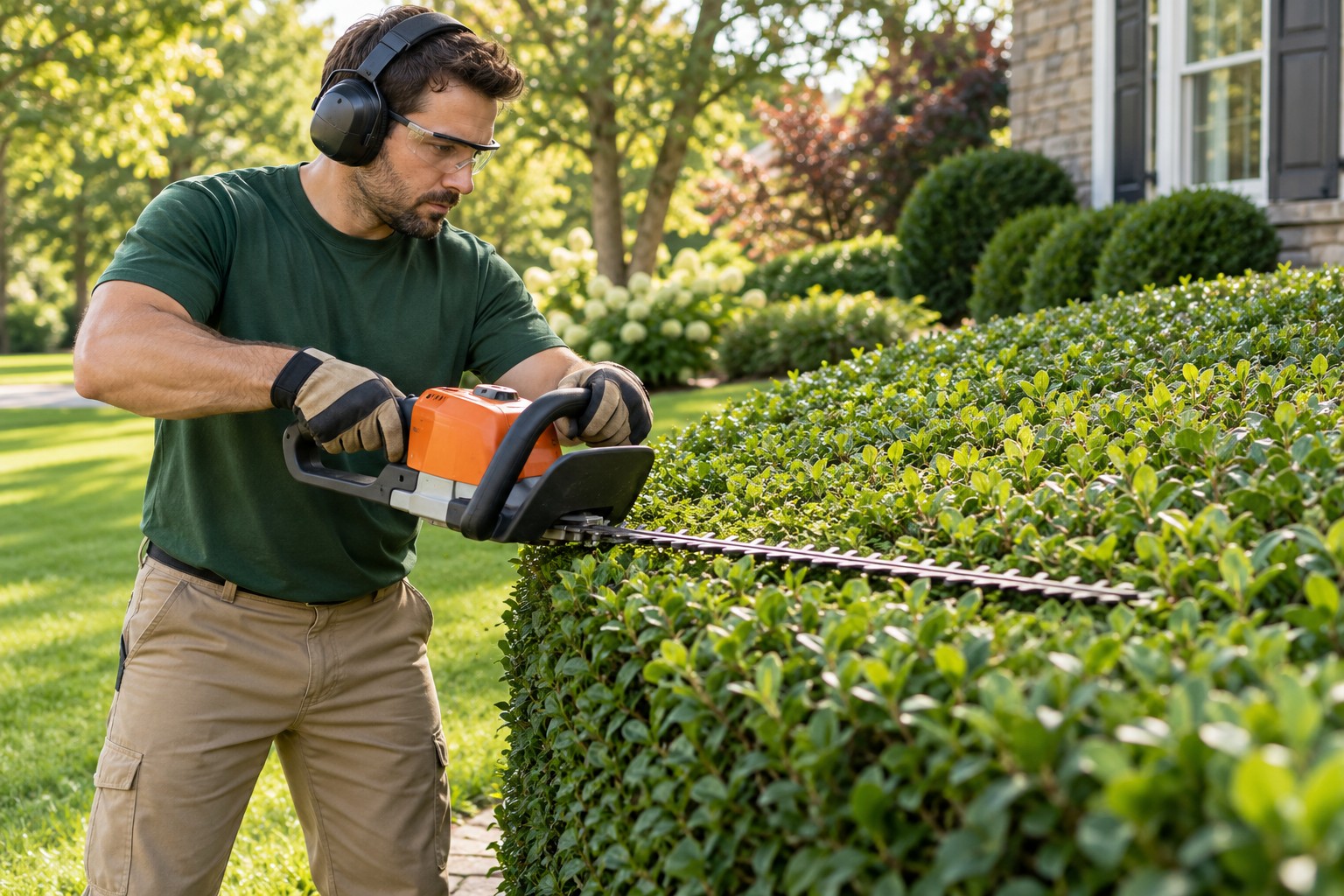 Professional trimming a residential hedge